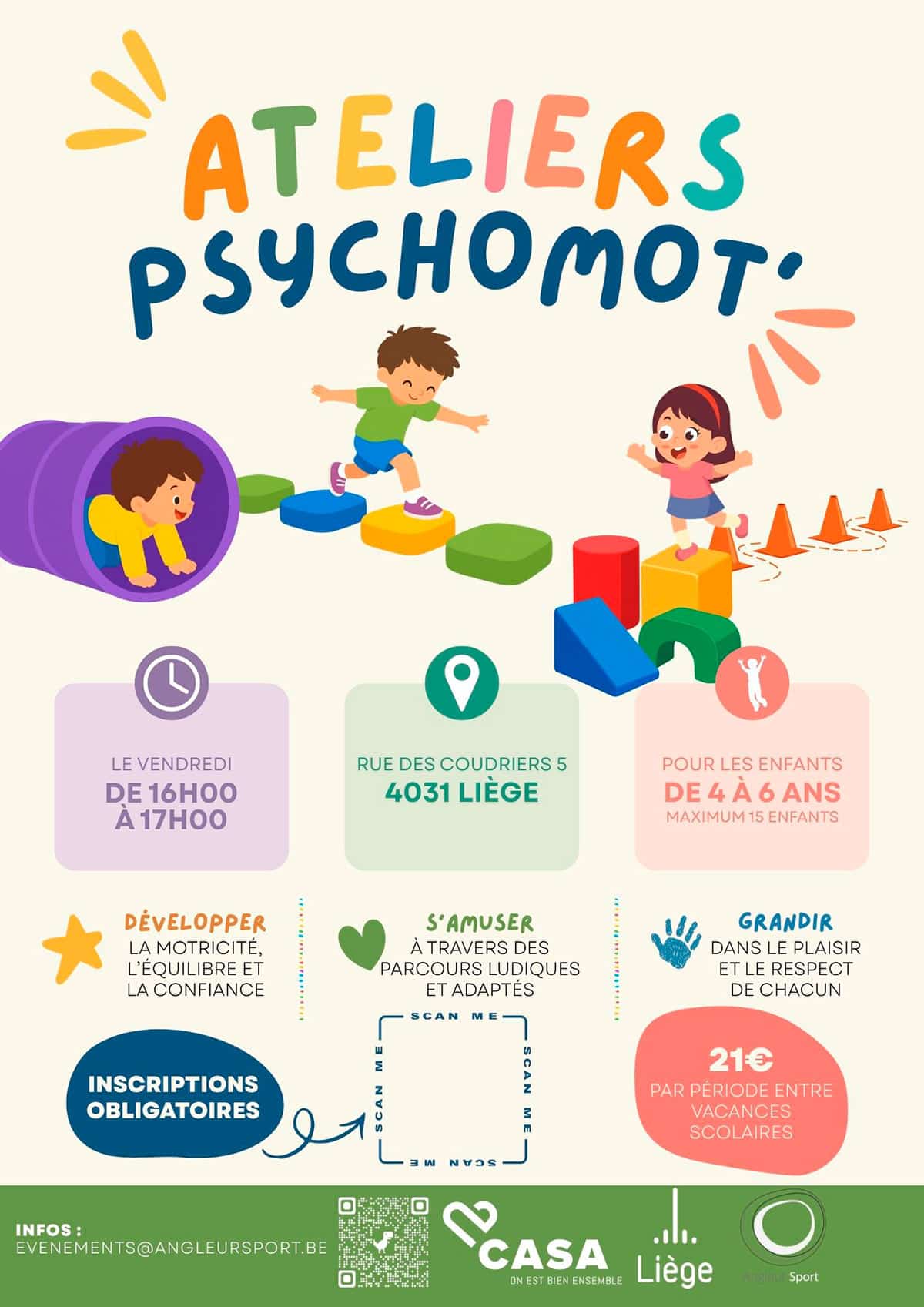 Ateliers Psychomot’ de psychomotricité pour enfants de 4 à 6 ans à Angleur, Liège.